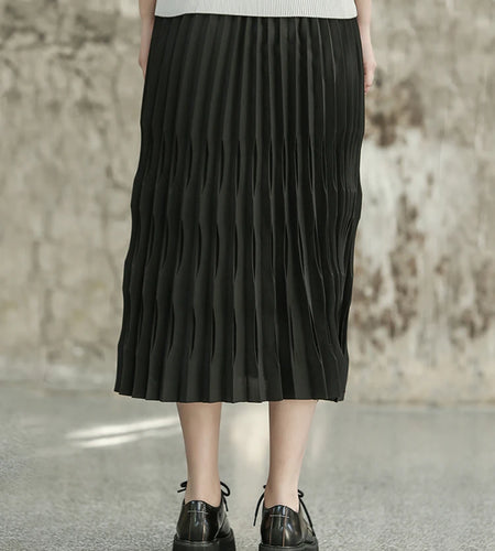 High Elastic Waist Black Pleated Shaped Elegant Midi Half-body Skirt Women Fashion Tide New Spring Autumn 2025  1DF6806