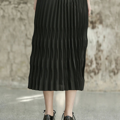 Load image into Gallery viewer, High Elastic Waist Black Pleated Shaped Elegant Midi Half-body Skirt Women Fashion Tide New Spring Autumn 2025  1DF6806
