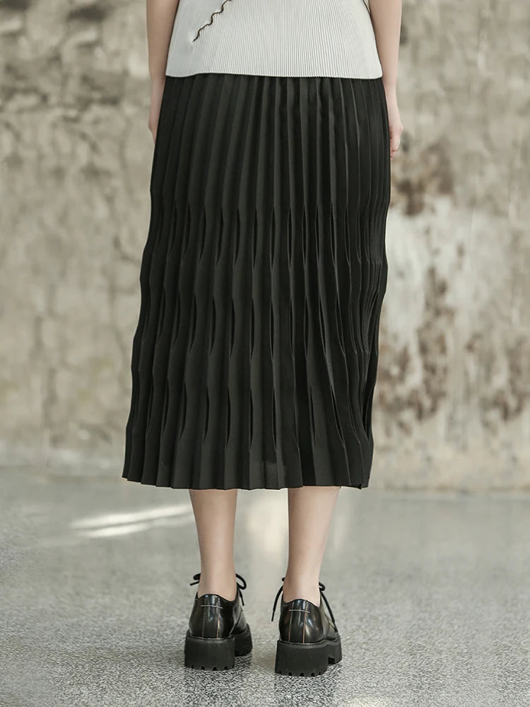 High Elastic Waist Black Pleated Shaped Elegant Midi Half-body Skirt Women Fashion Tide New Spring Autumn 2025  1DF6806