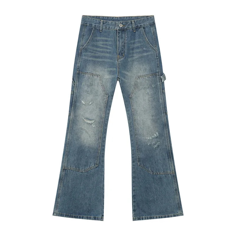 Korean Style Men's Denim Trousers Solid Color Menswear Patchwork Worn-out Mill White Straight Wide Leg Male Jeans 9W1264