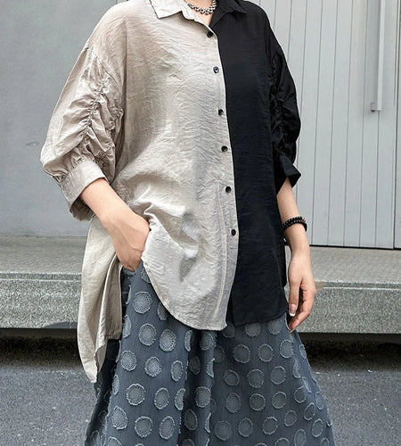 Women White Black Color-block Thin Big Size Blouse New Lapel Half Sleeve Shirt Fashion Tide Spring Summer 2025 1DJ1566