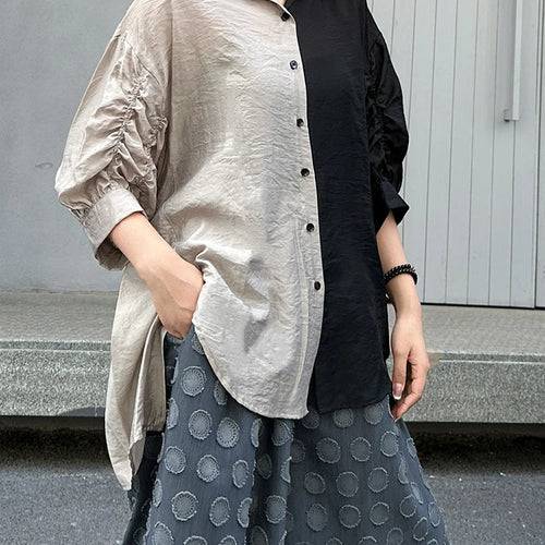 Load image into Gallery viewer, Women White Black Color-block Thin Big Size Blouse New Lapel Half Sleeve Shirt Fashion Tide Spring Summer 2025 1DJ1566
