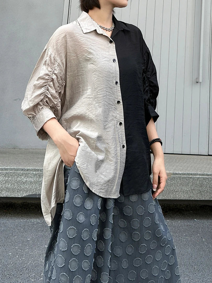 Women White Black Color-block Thin Big Size Blouse New Lapel Half Sleeve Shirt Fashion Tide Spring Summer 2025 1DJ1566