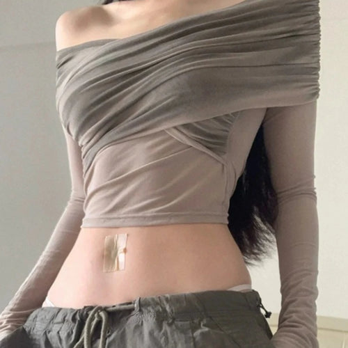 Load image into Gallery viewer, Vintage Slim Women Pleated Long Sleeve T-shirt Sexy Y2k Aesthetic Cross Irregular Tshirts Fashion Hollow Out Trend Chic Crop Top
