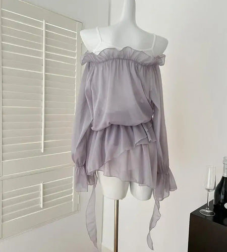 Spring Purple Sexy High Waist Festival Ruffle Edge Party Short Dress Women Elegant Backless Asymmetric Pleated Mini Dresses 2025