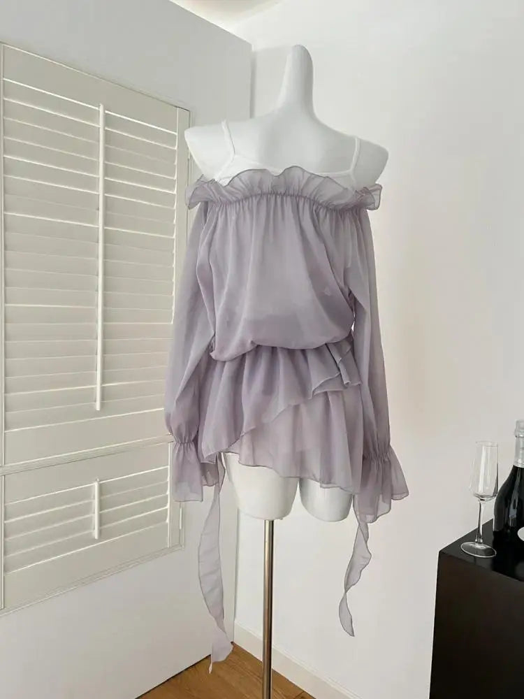 Spring Purple Sexy High Waist Festival Ruffle Edge Party Short Dress Women Elegant Backless Asymmetric Pleated Mini Dresses 2025