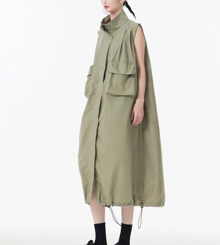Women Green Pocket Hem Drawstring Big Size Vest Dress New Stand Collar Sleeveless Fashion Tide Spring Autumn 2025 1DJ0147