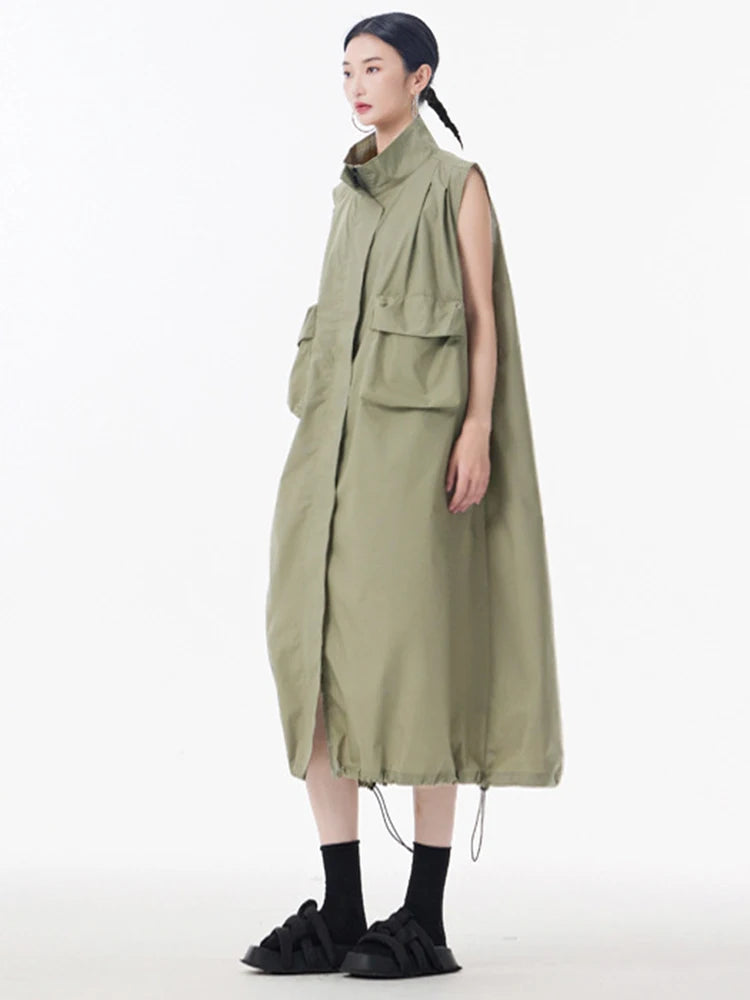 Women Green Pocket Hem Drawstring Big Size Vest Dress New Stand Collar Sleeveless Fashion Tide Spring Autumn 2025 1DJ0147