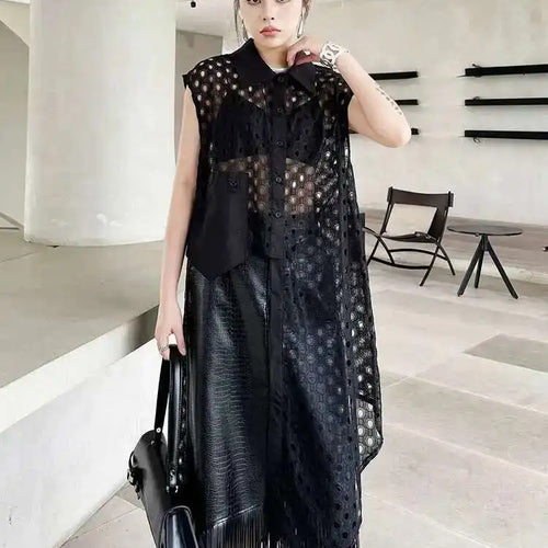 Load image into Gallery viewer, Women White Mesh Irreuglar Perspective Big Size Blouse New Lapel Sleeveless Shirt Fashion Tide Spring Summer 2025 1DH5527
