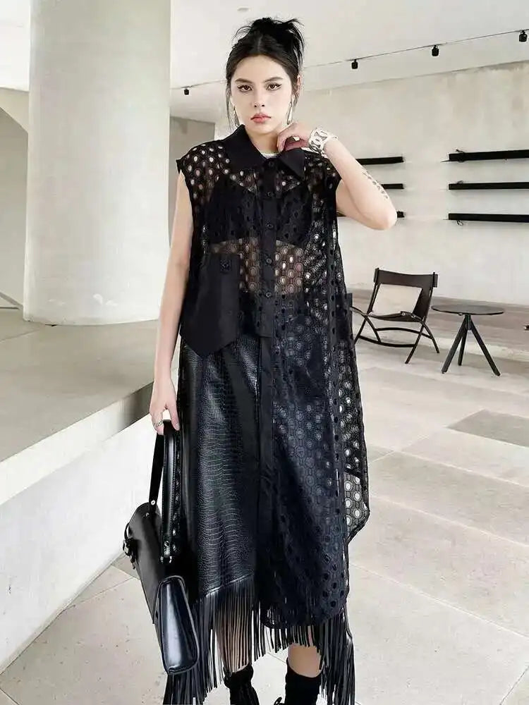 Women White Mesh Irreuglar Perspective Big Size Blouse New Lapel Sleeveless Shirt Fashion Tide Spring Summer 2025 1DH5527