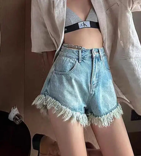 Vintage Women New Black High Waist Tassel Denim Shorts Summer Korean Version Blue Wide Leg Plus Size Jean Short Pant Casual Chic