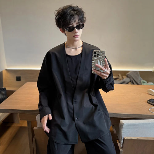 Load image into Gallery viewer, Men&#39;s Shirts New Fake Two Piece Design Shirt Long Sleeve Solid Color Single Breasted Male Loose Clothing Spring 9W1752
