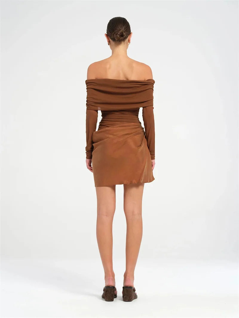 Hollow Out Off-shoulder Sexy Mini Dress Women Fashion Patchwork Strapless Long Sleeve Backless Ruched Club Dress