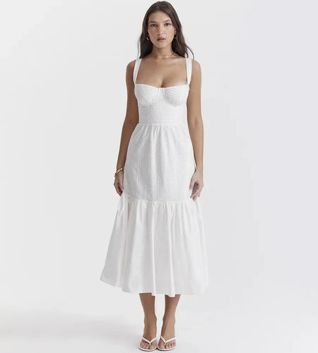 High Quality Summer Elegant and Pretty Women's Dresses White Cotton Blend Jacquard Dress Midi Vacation Party Dress