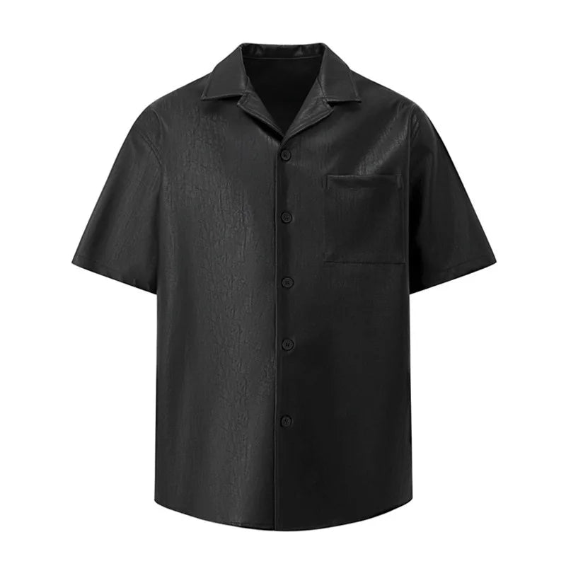 PU Leather Men's Short Sleeve Shirt Summer Korean New Chic Male Shirt Korean Handsome Lapel Loose Trendy Top 9W1628