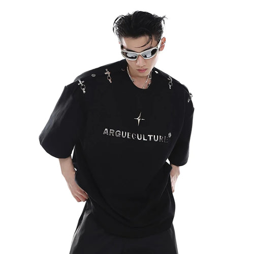 Load image into Gallery viewer, Summer Streetwear Short Sleeve T-shirt Metal Buckle One Shoulder Design Stereoscopic Letter Men&#39;s Top Personality 9A8216
