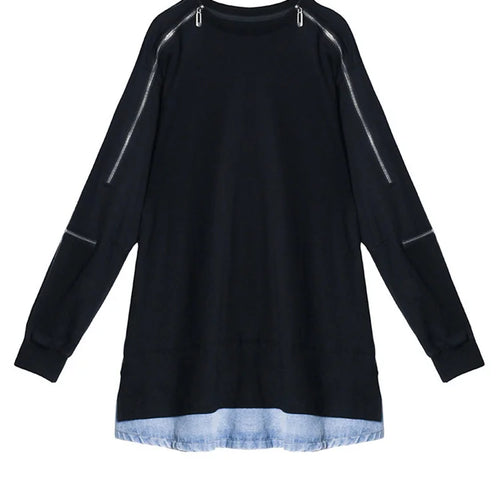 Load image into Gallery viewer, Women Black Denim Hem Zipper Big Size Casual Long T-shirt New Round Neck Long Sleeve Fashion Spring Autumn 2025 1DF6030
