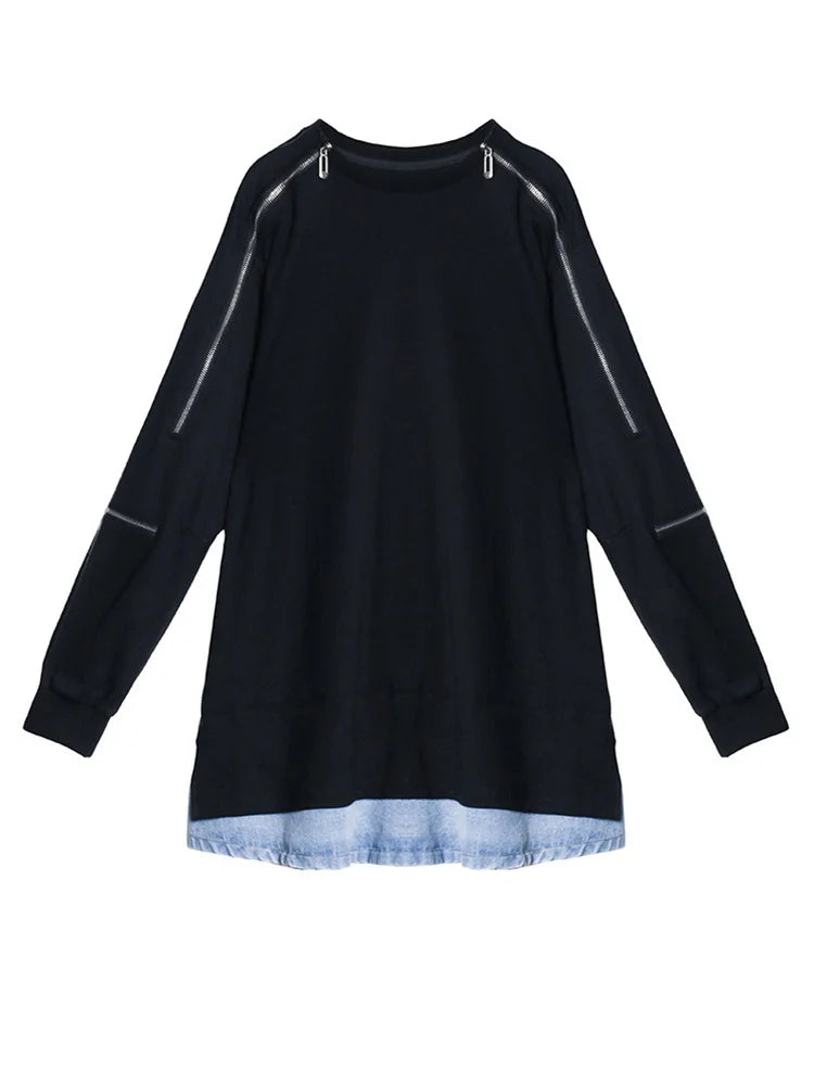 Women Black Denim Hem Zipper Big Size Casual Long T-shirt New Round Neck Long Sleeve Fashion Spring Autumn 2025 1DF6030