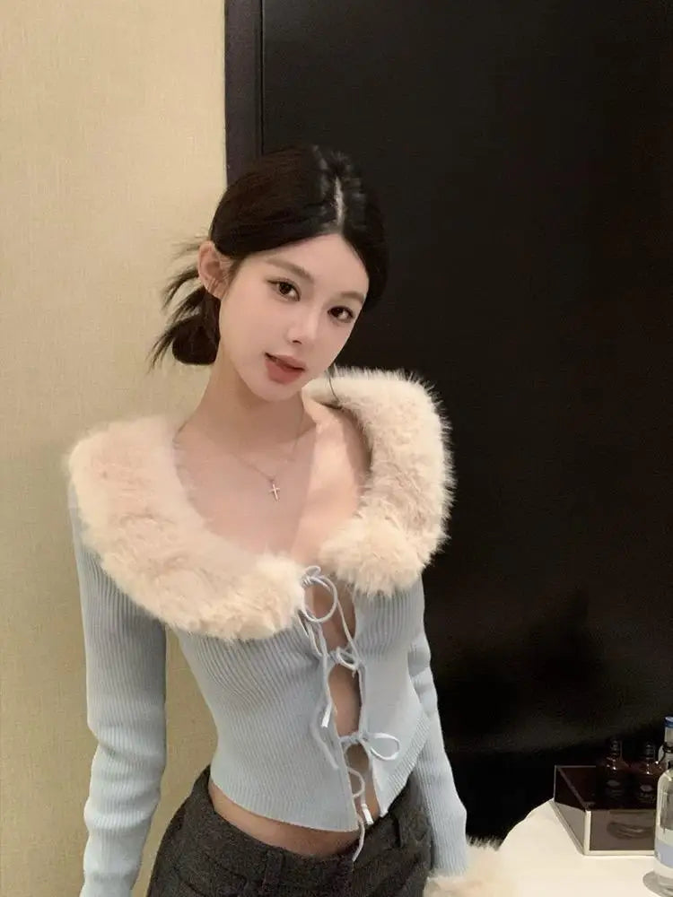 French Fashion Women Blue Long Sleeve Knitted Sweater 2024 New Autumn Winter Ladies Red Hairy Neck Lace-up Cardigan Tops Popular