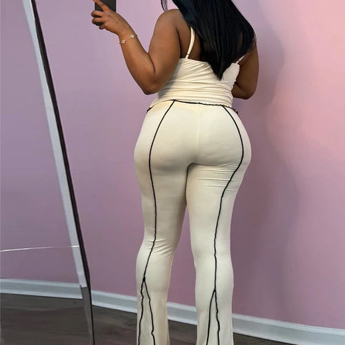 Load image into Gallery viewer, Simple Patchwork Stripe Women 2Piece Set Casual Ruched Edging Camisole+Flare Pants Matching Street Stretch Casual Outfits
