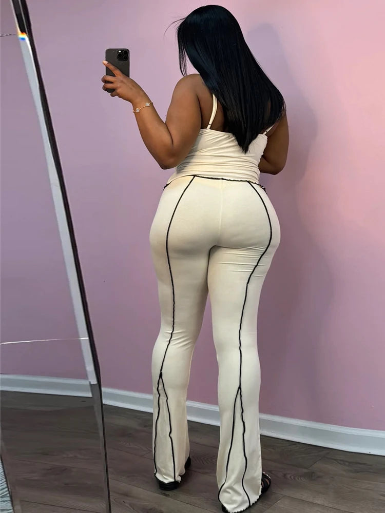 Simple Patchwork Stripe Women 2Piece Set Casual Ruched Edging Camisole+Flare Pants Matching Street Stretch Casual Outfits