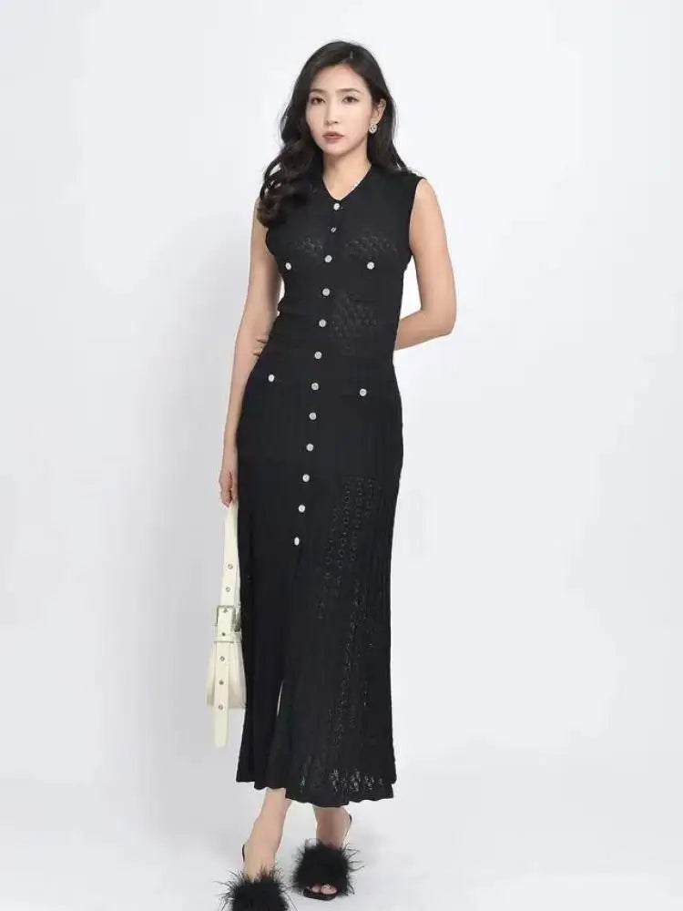 Ladies 2024 Summer Black Sexy Sleeveless O-neck Single Breasted Knit Dress Women Green Elegant Slim Fashion Pleated Long Dresses