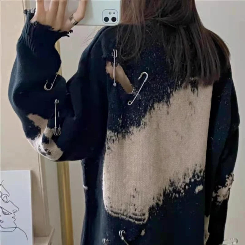 Tie Dye Pins Ripped Holes Knitting Sweaters Hip Hop Streetwear Pullover 2025 Harajuku Loose Black Tops Vintage Jumpers