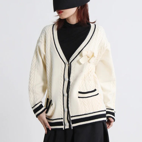 Load image into Gallery viewer, Patchwork Colorblock Knitting Sweater For Women Peter Pan Collar Long Sleeve Single Breasted Cardigan Female Style
