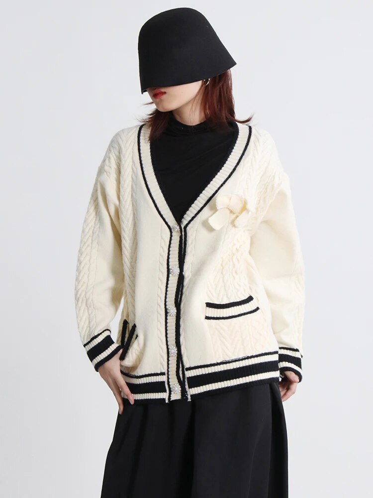 Patchwork Colorblock Knitting Sweater For Women Peter Pan Collar Long Sleeve Single Breasted Cardigan Female Style