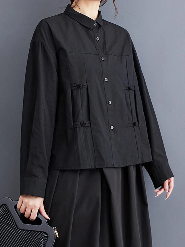 Women Black Vintage Buckle Big Size Elegant Blouse New Lapel Long Sleeve Shirt Fashion Tide Spring Autumn 2025 1DH6749