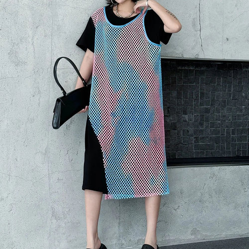 Load image into Gallery viewer, Women Green Colorful Spliced Big Size Midi Dress New Round Neck Short Sleeve Fashion Tide Spring Summer 2025 1DJ1155
