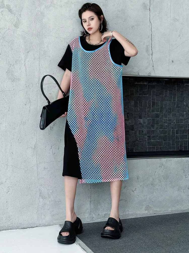 Women Green Colorful Spliced Big Size Midi Dress New Round Neck Short Sleeve Fashion Tide Spring Summer 2025 1DJ1155