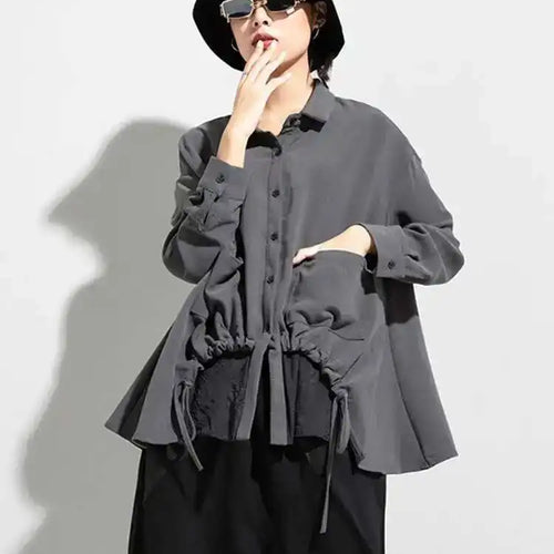 Load image into Gallery viewer, Women Drawstring Big Size Fake Two Blouse New Lapel Long Sleeve Loose Fit Shirt Fashion Tide Spring Autumn 2025 1DD0160

