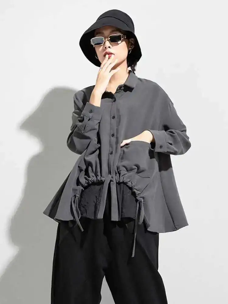 Women Drawstring Big Size Fake Two Blouse New Lapel Long Sleeve Loose Fit Shirt Fashion Tide Spring Autumn 2025 1DD0160