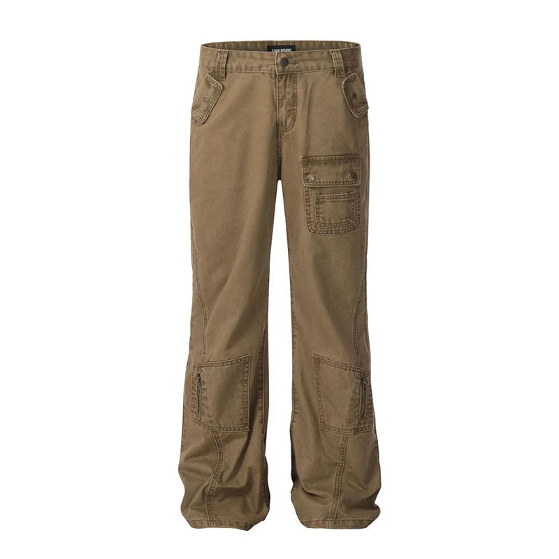 Men's Cargo Pants New American High Street Zipper Design Straight Wide Leg Solid Color Simple Male Trousers 2025 9W1954