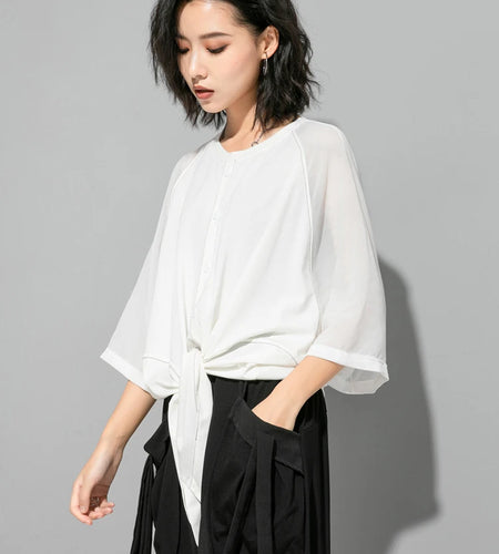 Women White Hem Bandage Big Size T-shirt New Round Neck Three-quarter Sleeve Fashion Tide Spring Autumn 2025 1DJ1828