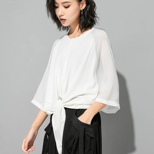 Load image into Gallery viewer, Women White Hem Bandage Big Size T-shirt New Round Neck Three-quarter Sleeve Fashion Tide Spring Autumn 2025 1DJ1828
