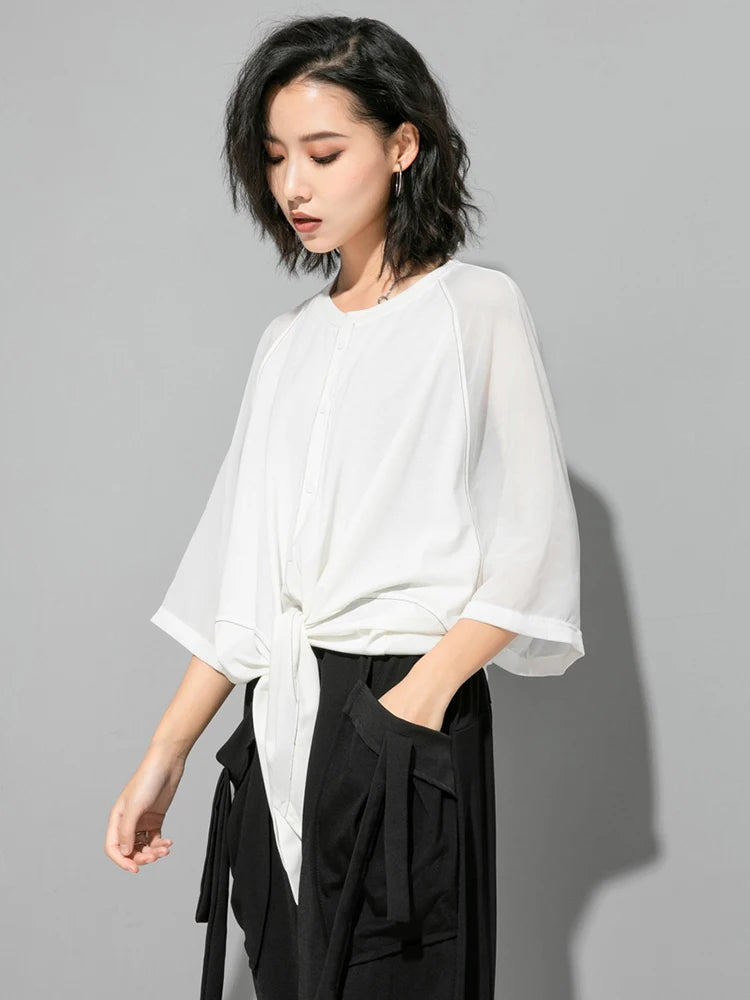 Women White Hem Bandage Big Size T-shirt New Round Neck Three-quarter Sleeve Fashion Tide Spring Autumn 2025 1DJ1828