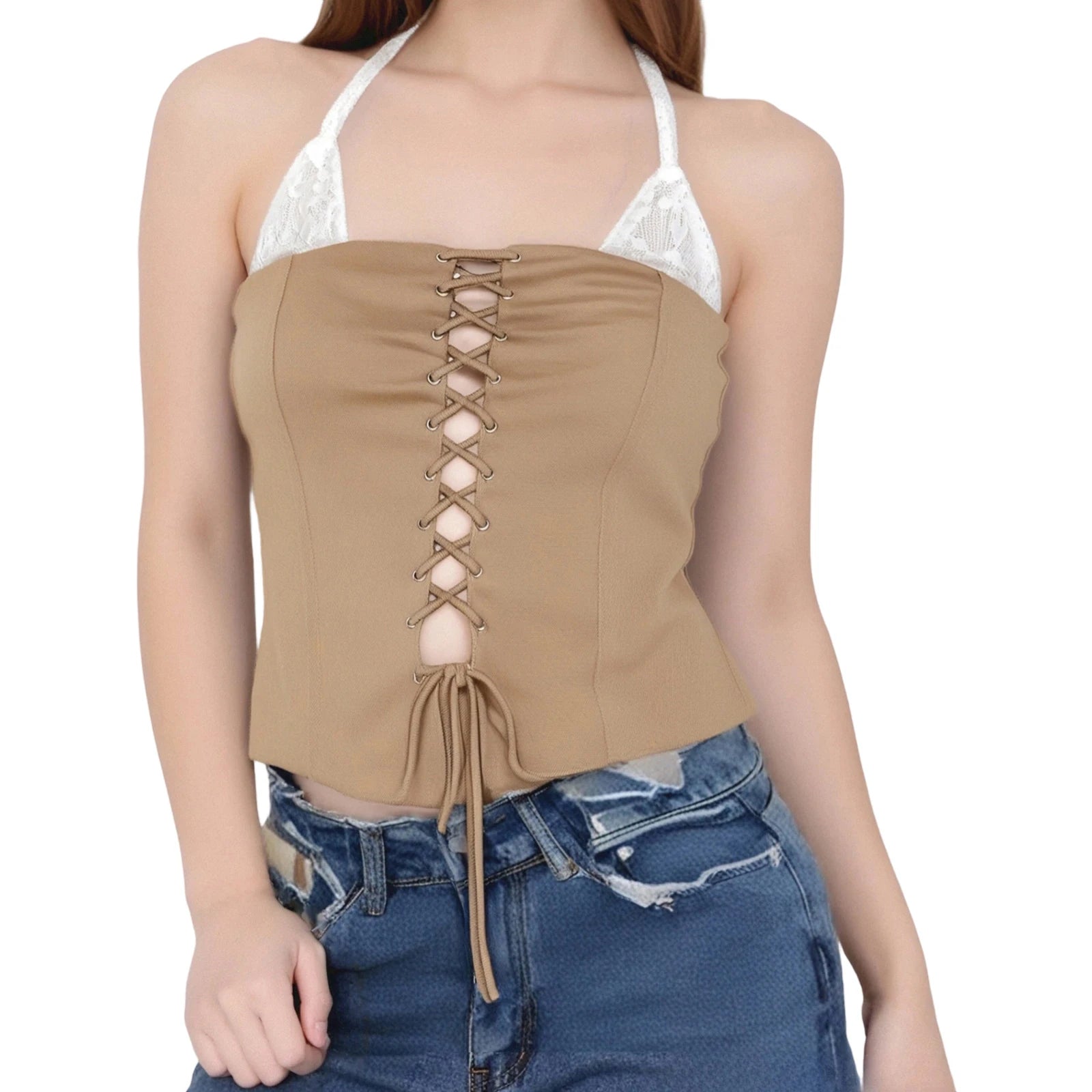 Halter Neck Tops  Women Summer Clothes Solid Color Sleeveless Open Back Front Cross Bandage Tanks 2000s Streetwear