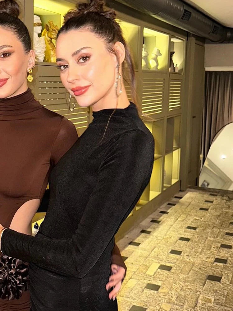 Long Sleeve Sexy Maxi Dress Women Autumn Winter Basics Solid Color Hollow Out High Split Bodycon Dresses Elegant Party