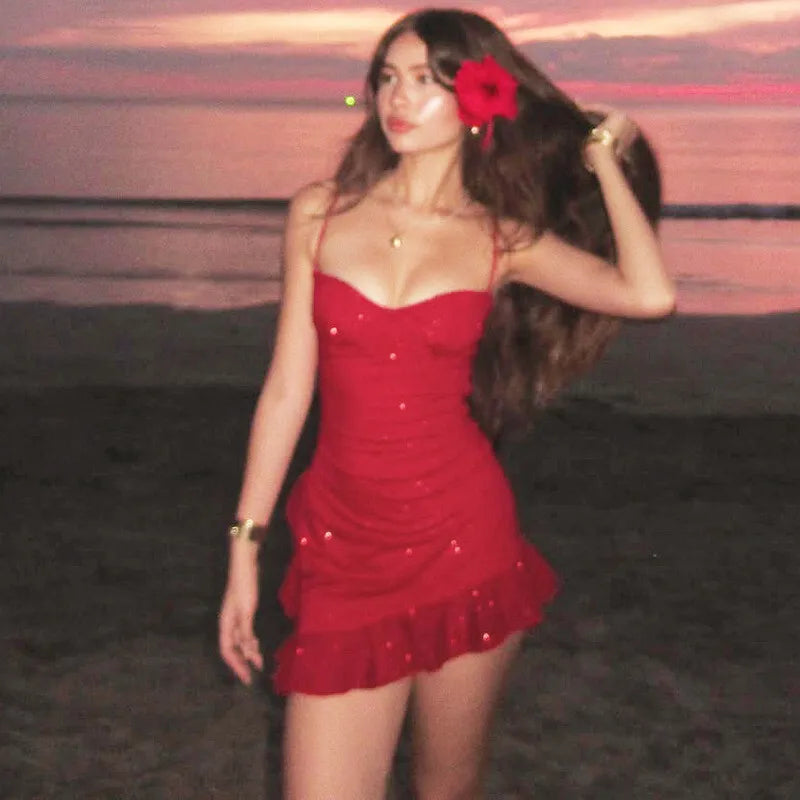 Spaghetti Strap Ruffled Sexy Mini Dress For Women Red Fashion Sleeveless Backless High Waist A-line Club Party Dress