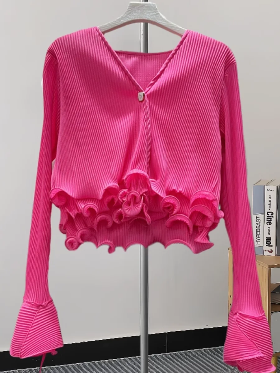 Solid Spliced Ruffles Slimming Blouses For Women V Neck Long Sleeve Temperament Shirts Female Fashion Style Clothes