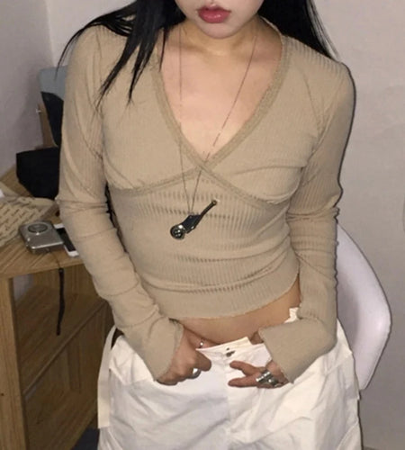 V Neck Y2K Aesthetic Knit Women T-shirts Crop Tops Slim Basic Retro Korean Autumn Tee Coquette Clothing Lace Trim