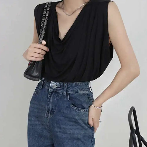 Load image into Gallery viewer, Women White Army Green Pleated Elegant Big Size T-shirt New Round Neck Sleeveless Fashion Tide Spring Summer 2025  1DF5071
