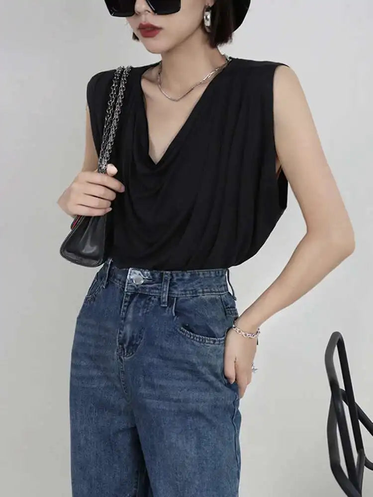 Women White Army Green Pleated Elegant Big Size T-shirt New Round Neck Sleeveless Fashion Tide Spring Summer 2025  1DF5071