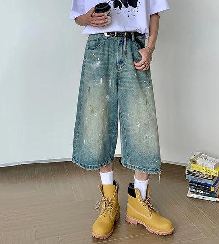 High Street Men's Denim Shorts Casual Splash-ink Worn-out Jeans Straight Leg Male Loose Bottom Summer Fashion 9C6800