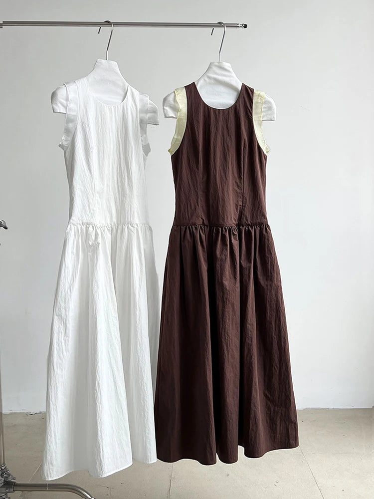 Women Coffee Color-block Elegant Long Vest Dress New Round Neck Sleeveless Fashion Tide Spring Summer 2025 1DJ0743