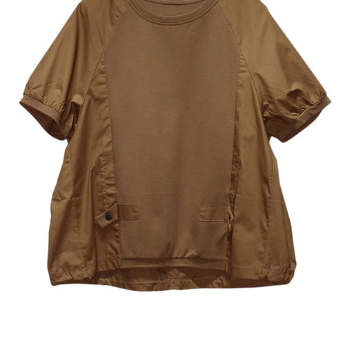 Load image into Gallery viewer, Women Black Spliced Brief Big Size Casual T-shirt New Round Neck Short Sleeve Fashion Tide Spring Summer 2025 1DJ0803
