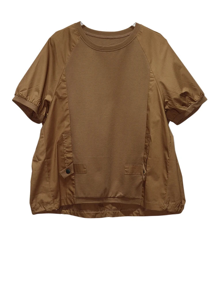 Women Black Spliced Brief Big Size Casual T-shirt New Round Neck Short Sleeve Fashion Tide Spring Summer 2025 1DJ0803