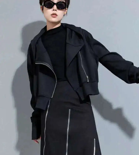 Black Zipper Irregular Big Size Short Jacket New Hooded Long Sleeve Women Coat Fashion Tide Spring Autumn 2025 1DH7062